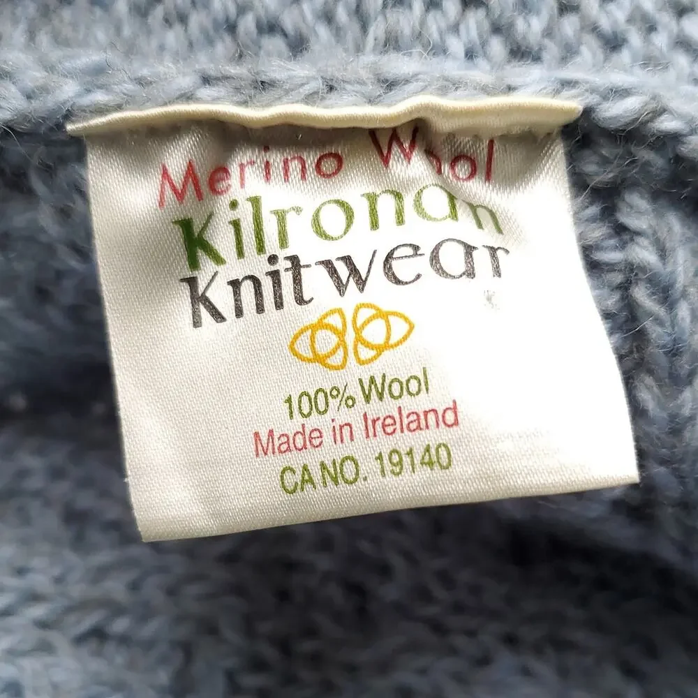 Kilronan Knitwear Blue Green Irish Wool Cable Knit Sweater Vest Cardigan Sz S